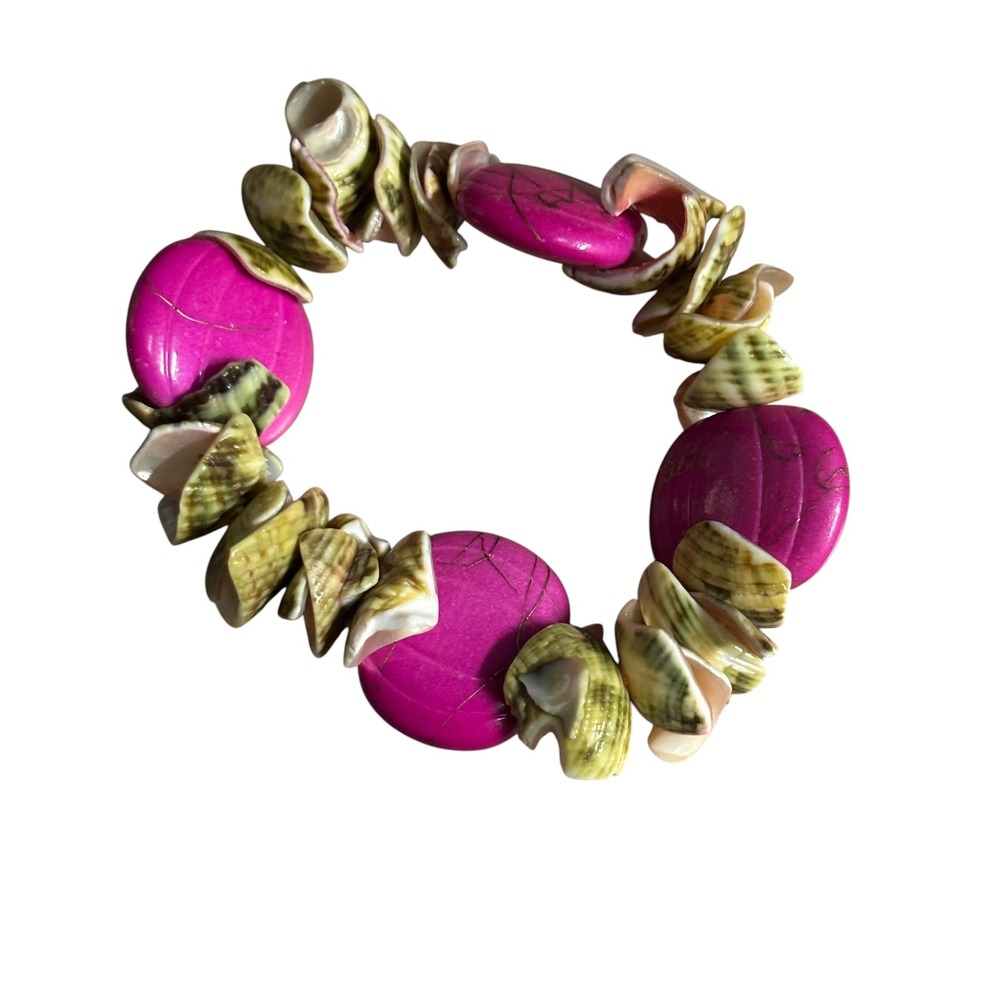 Pink Stone and Natural Sea Shell‎ Stretch Bracelet Tropical Coastal Chunky Boho